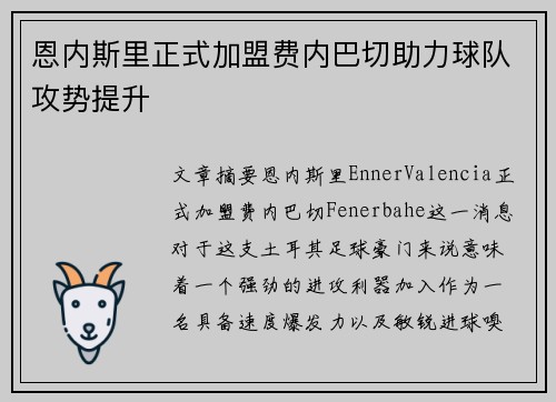 恩内斯里正式加盟费内巴切助力球队攻势提升